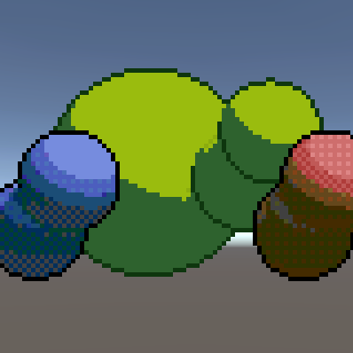 Several outlined pixel-art spheres rendered with stacked cameras