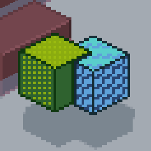 Two connected pixel-art cubes demonstrating pixel alignment