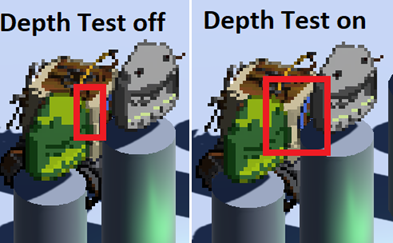 Depth test outlines on versus off